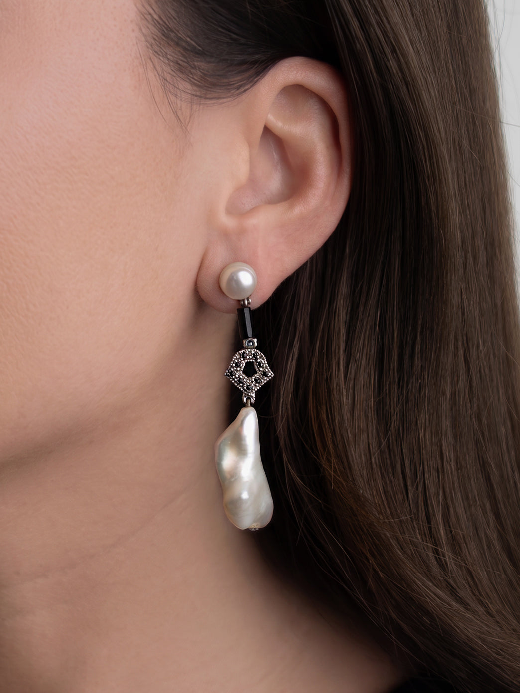 Italian Cocktail Earrings featuring Pearl and Black Tourmaline