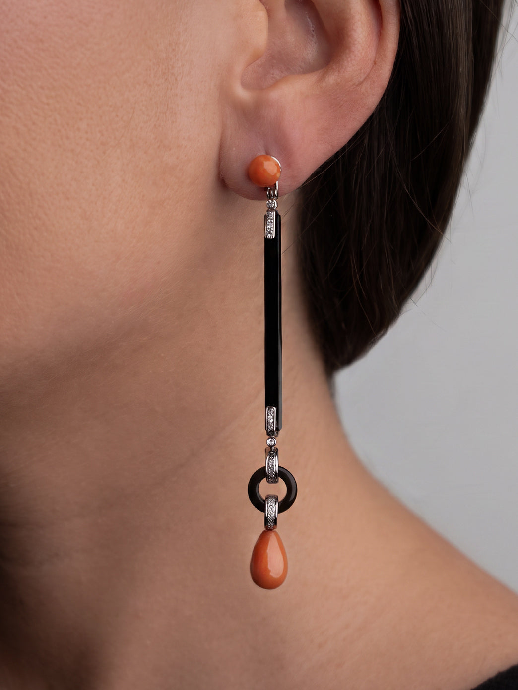 18ct Gold and Diamond Deco Earrings with Black Onyx and Momo Coral