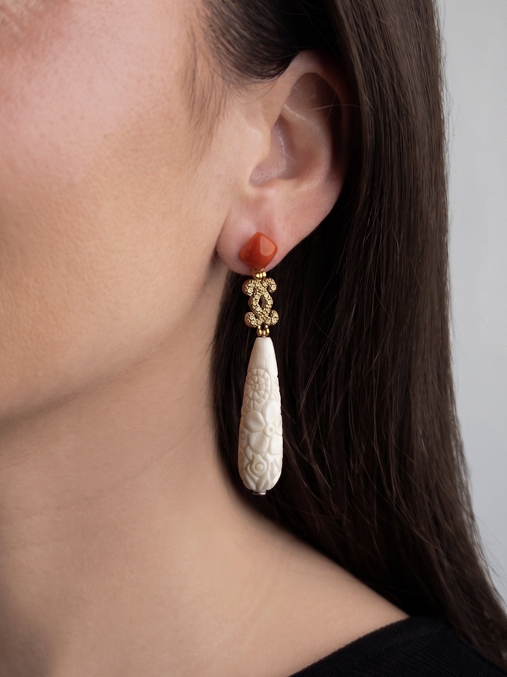 Italian Cocktail Earrings with Citrine, Red Coral and Ivory Nut