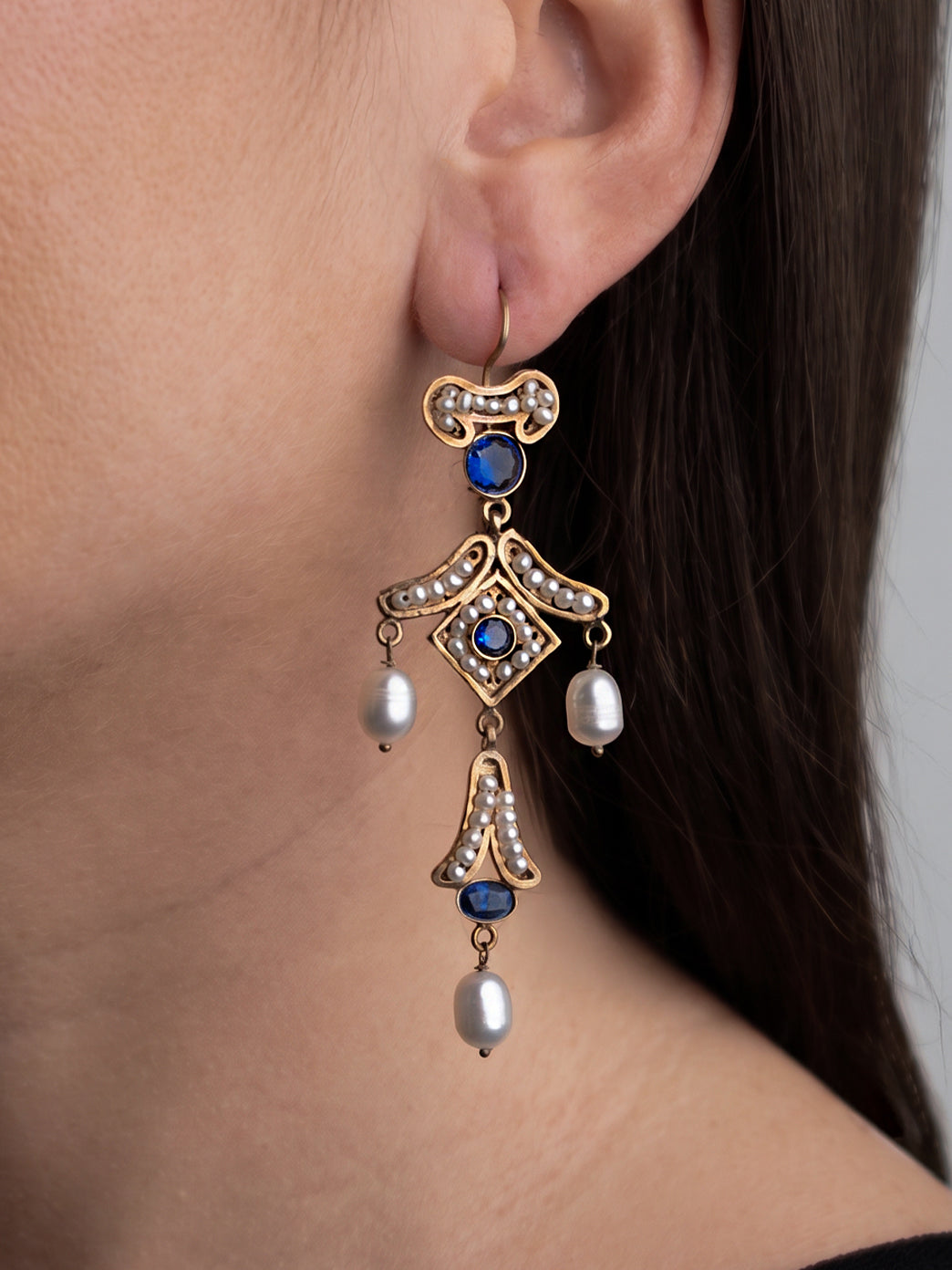 Italian Cocktail Earrings with Pearl and Sapphire