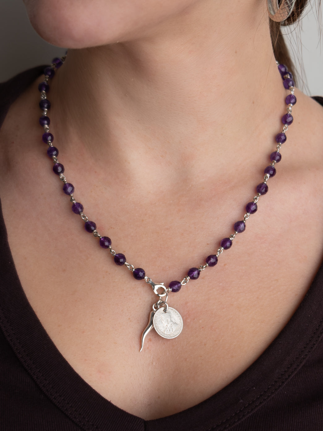 Amethyst Necklace with Coin and Corno