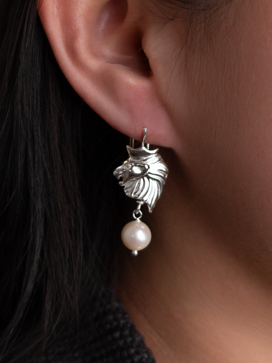 French Lion Earrings with Pearl Drop