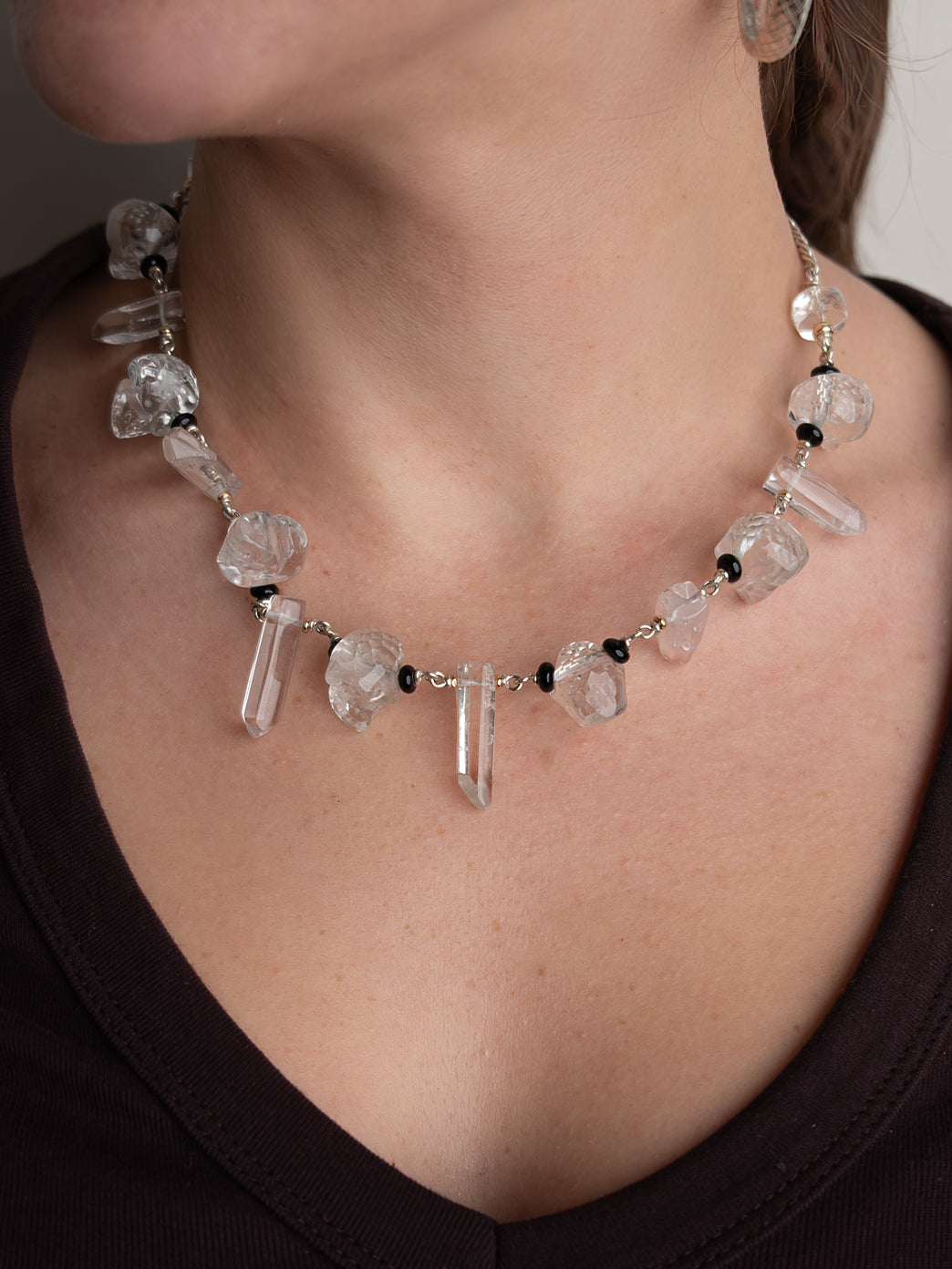 Quartz Crystal Skull Necklace with Black Onyx