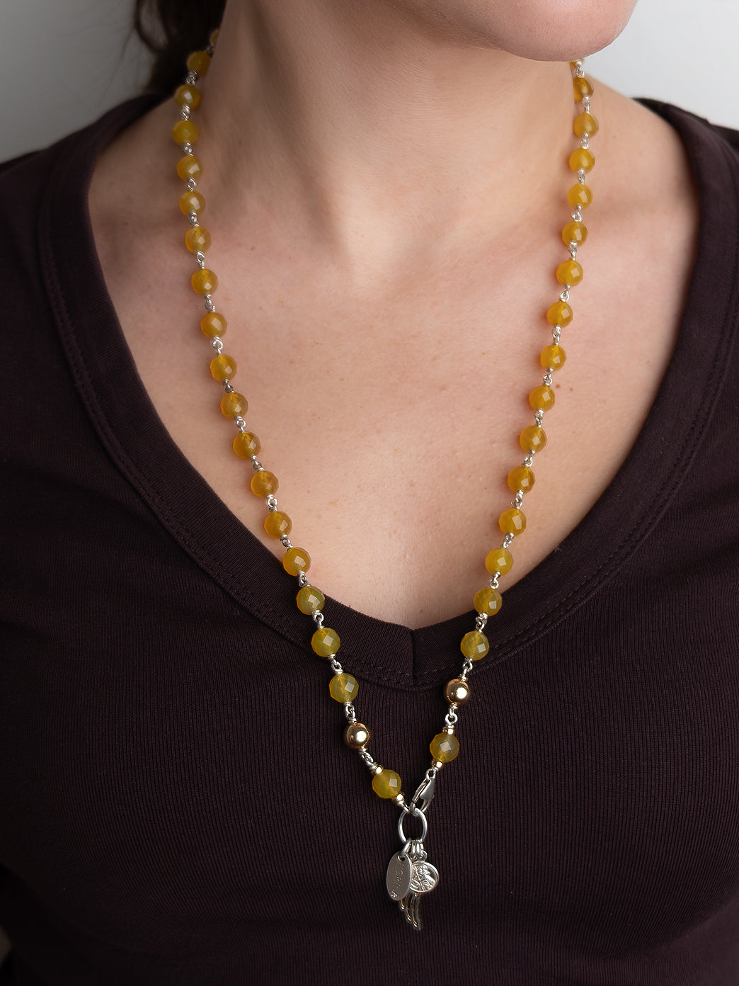 Yellow Agate Necklace with St Christopher and Wing charms