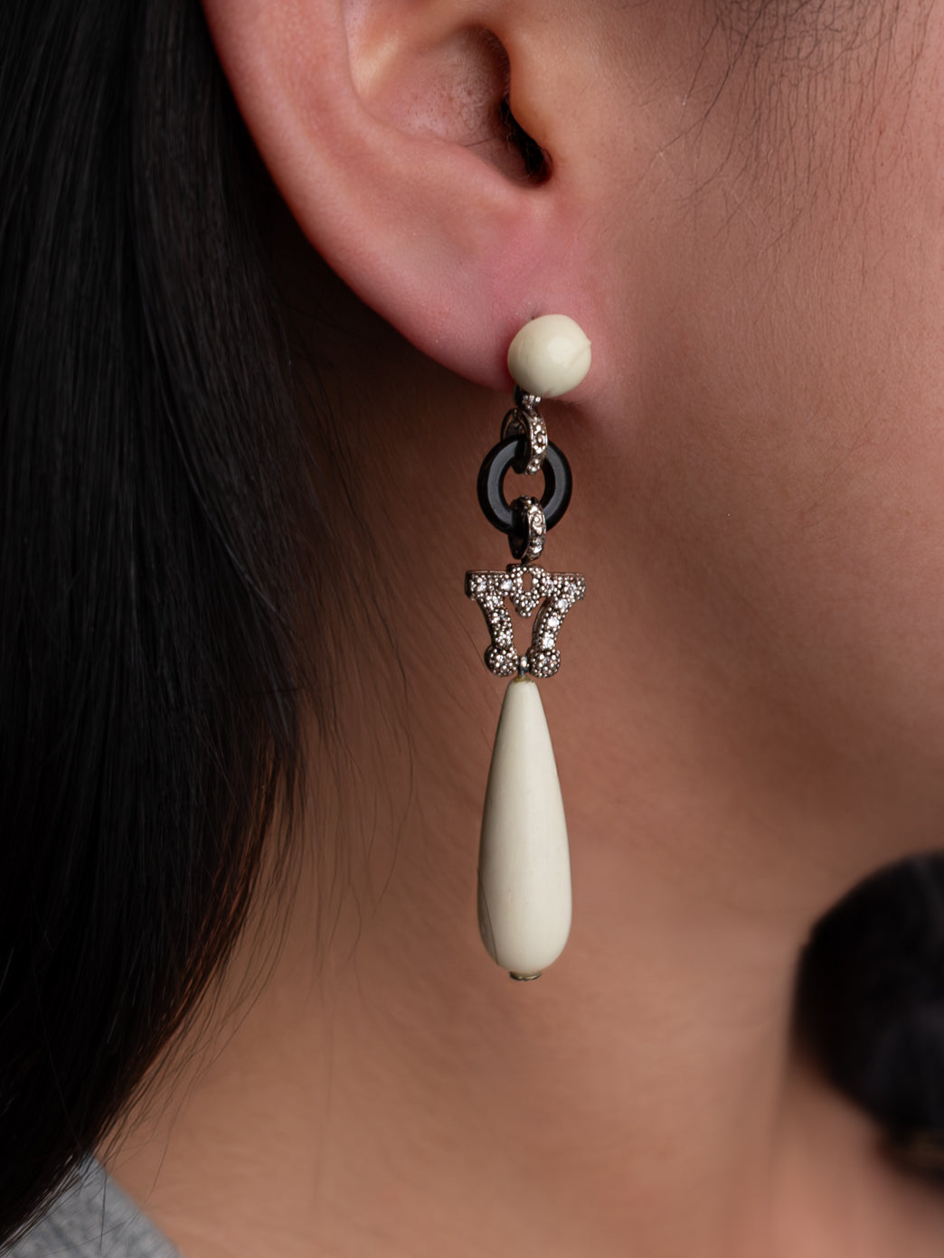 Italian Deco Earrings with Ivory Nut, Black Onyx and Cubic Zirconia