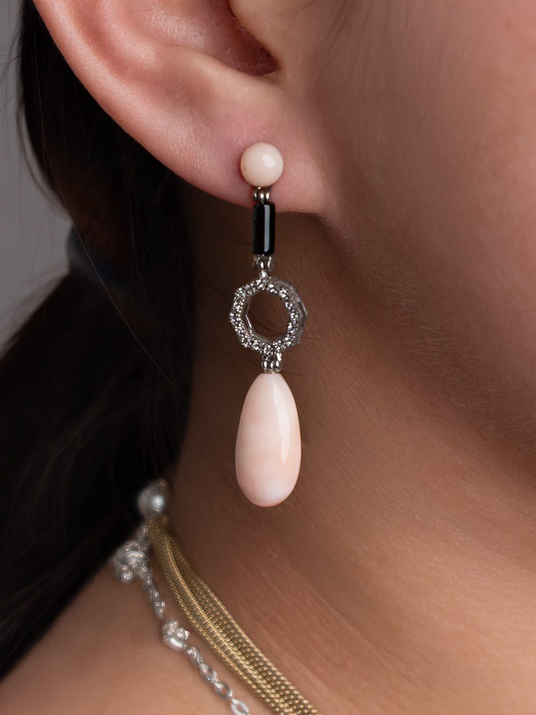 Italian Cocktail Earrings with Angel Skin Coral, Black Onyx and Cubic Zirconia
