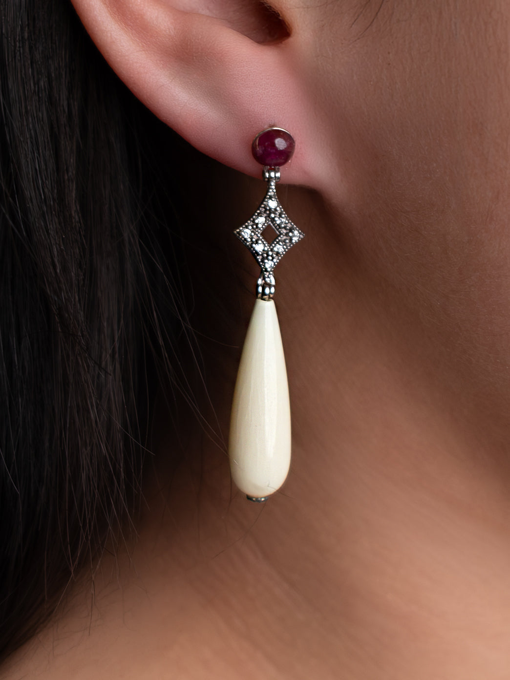 Italian Deco Earrings featuring Ruby, Ivory Nut and Cubic Zirconia