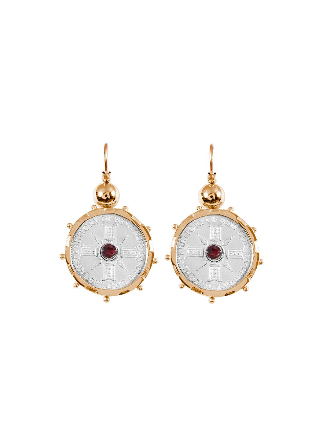 Fiorina Jewellery Gold Encased PNG Coin Earrings Gold & Garnet