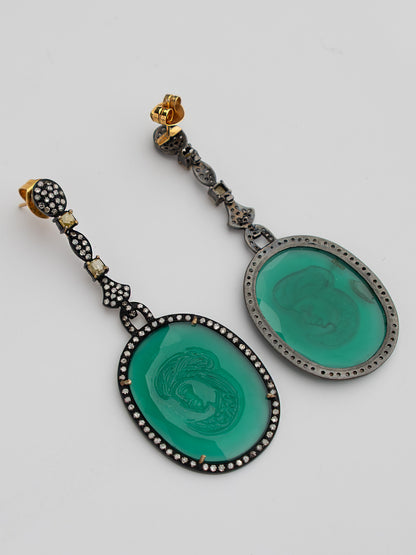 Moghul Diamond Earrings with Green Onyx and Yellow Sapphire