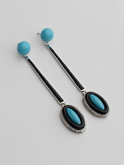 18ct Gold and Diamond Deco Earrings with Black Onyx and Turquoise