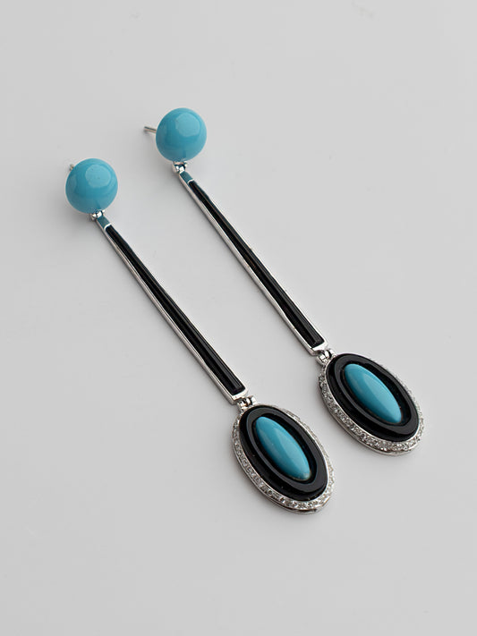 18ct Gold and Diamond Deco Earrings with Black Onyx and Turquoise
