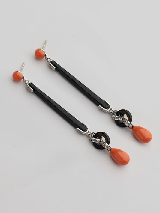 18ct Gold and Diamond Deco Earrings with Black Onyx and Momo Coral