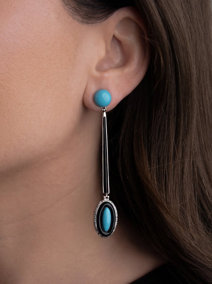 18ct Gold and Diamond Deco Earrings with Black Onyx and Turquoise