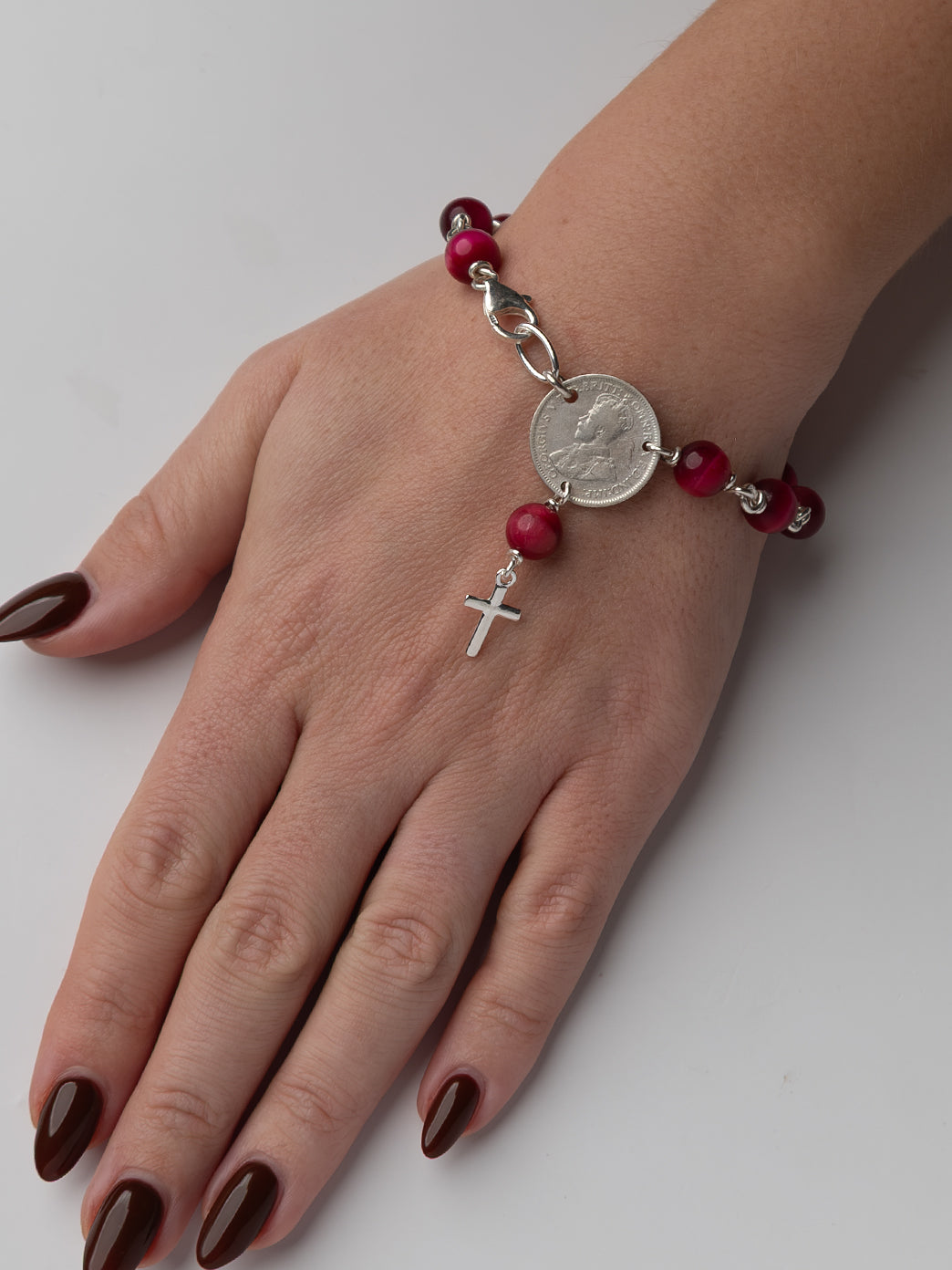 Mini Cross Rosary Bracelet with Magenta Tigerseye