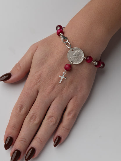 Mini Cross Rosary Bracelet with Magenta Tigerseye