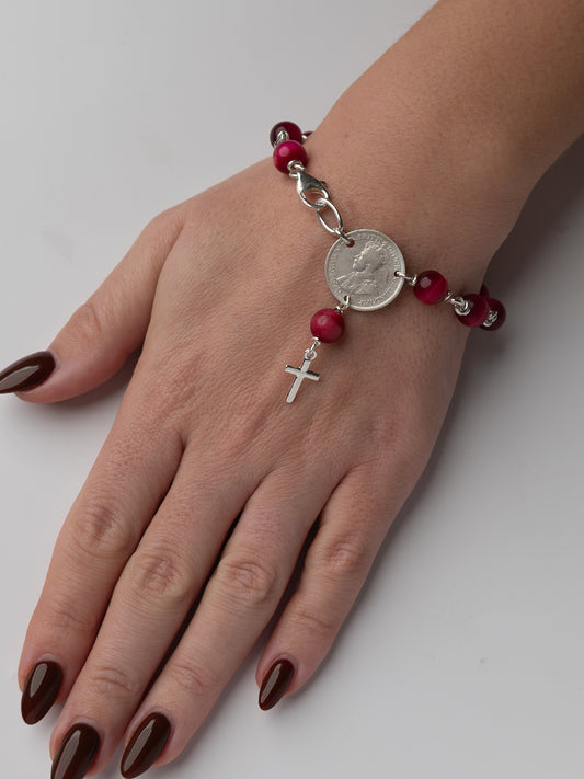 Mini Cross Rosary Bracelet with Magenta Tigerseye