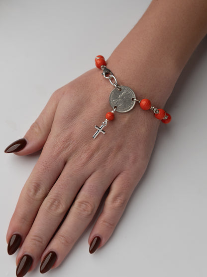 Mini Cross Rosary Bracelet with Orange Coral