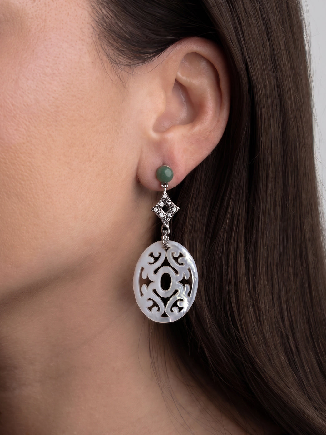 Italian Cocktail Earrings featuring Mother of Pearl and Green Aventurine