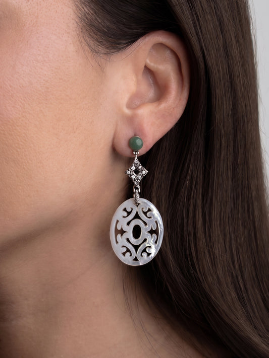 Italian Cocktail Earrings featuring Mother of Pearl and Green Aventurine