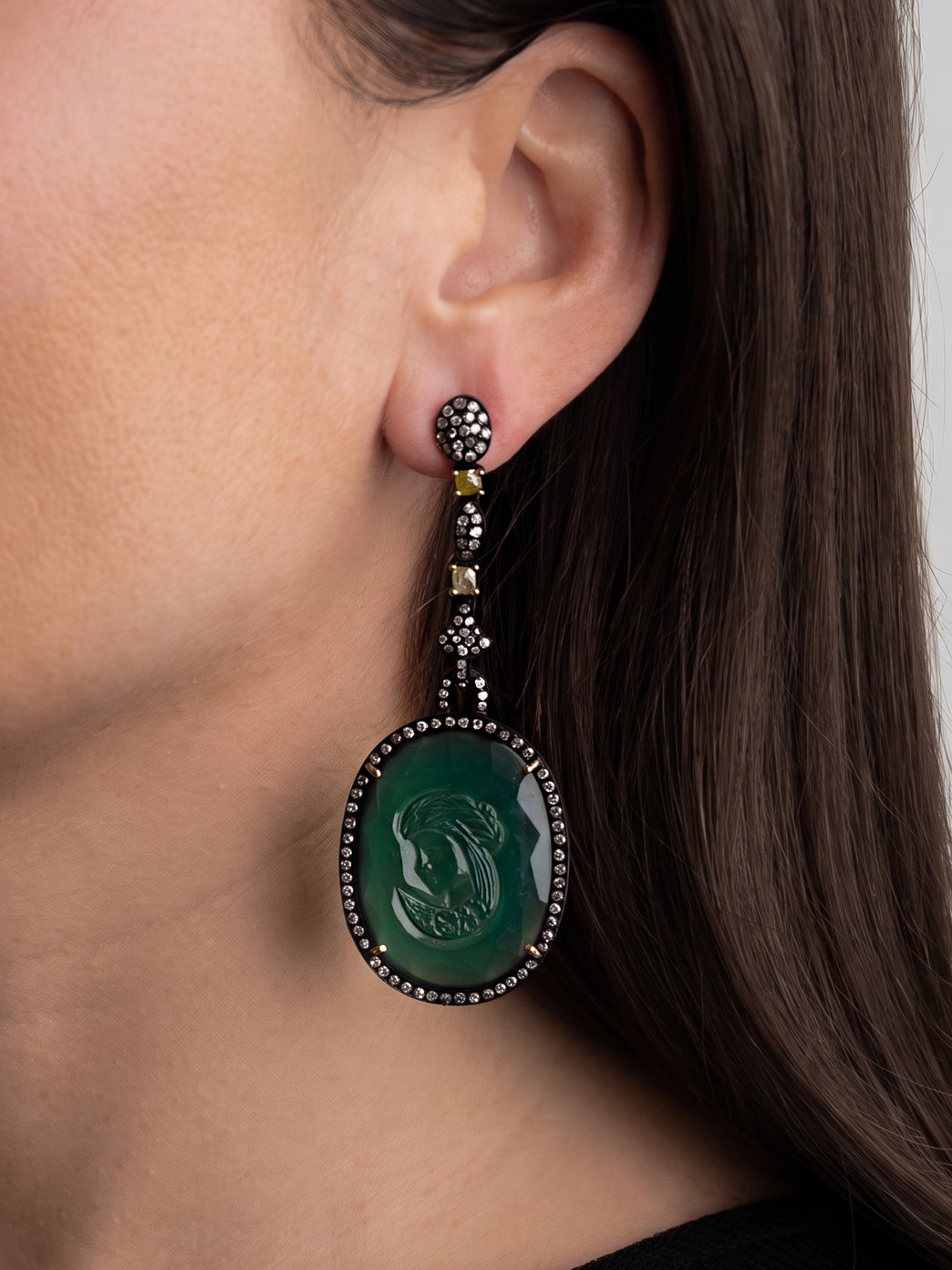 Moghul Diamond Earrings with Green Onyx and Yellow Sapphire