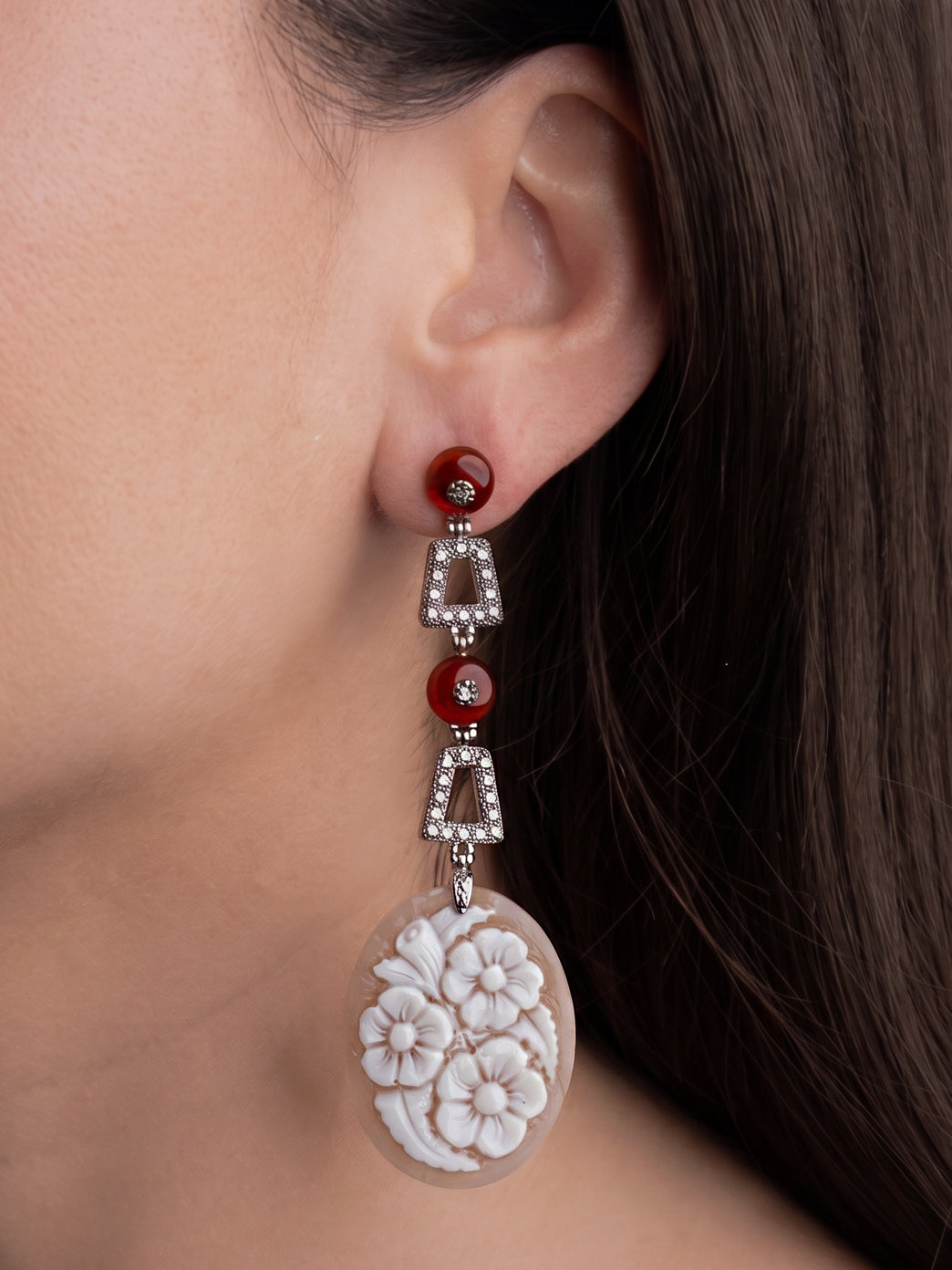 Italian Cocktail Earrings featuring Carnelian and Carved Conch Shell