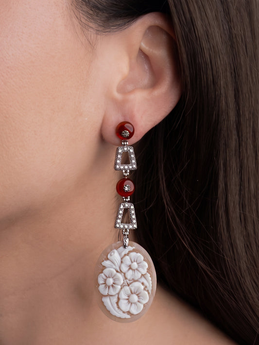 Italian Cocktail Earrings featuring Carnelian and Carved Conch Shell