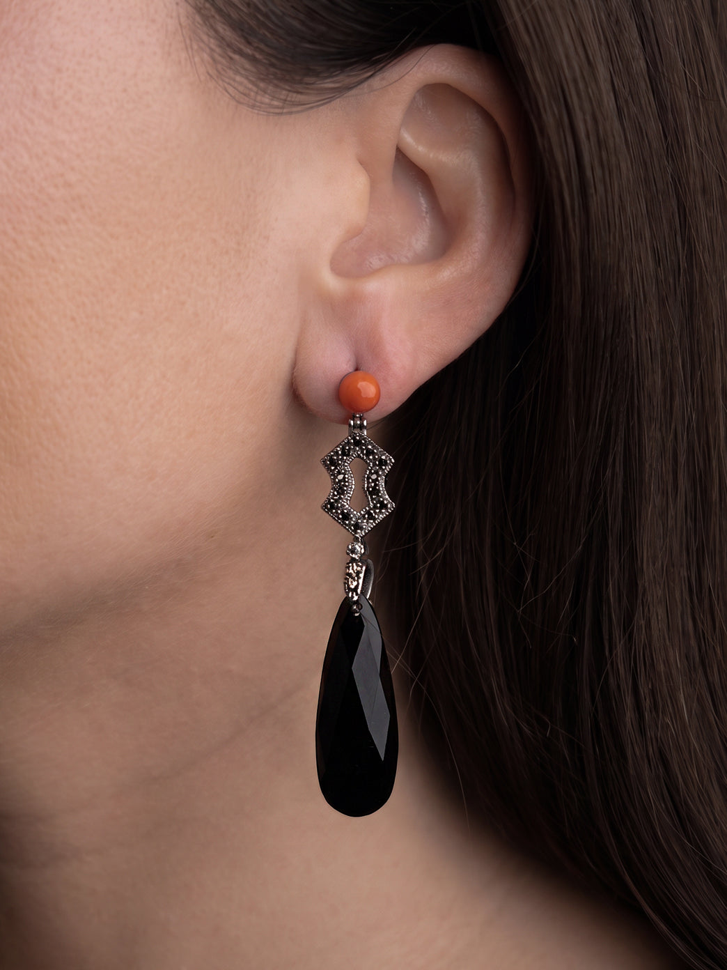 Italian Cocktail Earrings with Red Coral, Hematite and Black Onyx Drop