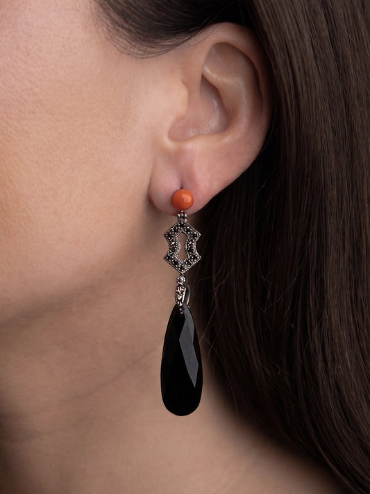 Italian Cocktail Earrings with Red Coral, Hematite and Black Onyx Drop