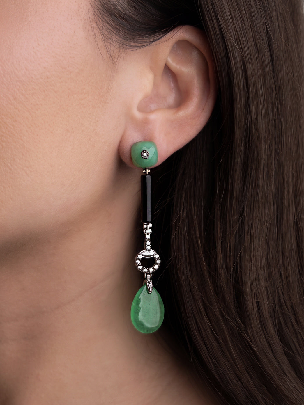Italian Cocktail Earrings with Green Jade, Black Onyx and Cubic Zirconia