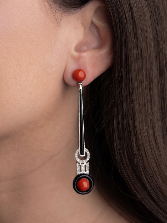 Italian Deco Earrings featuring Red Coral and Black Onyx