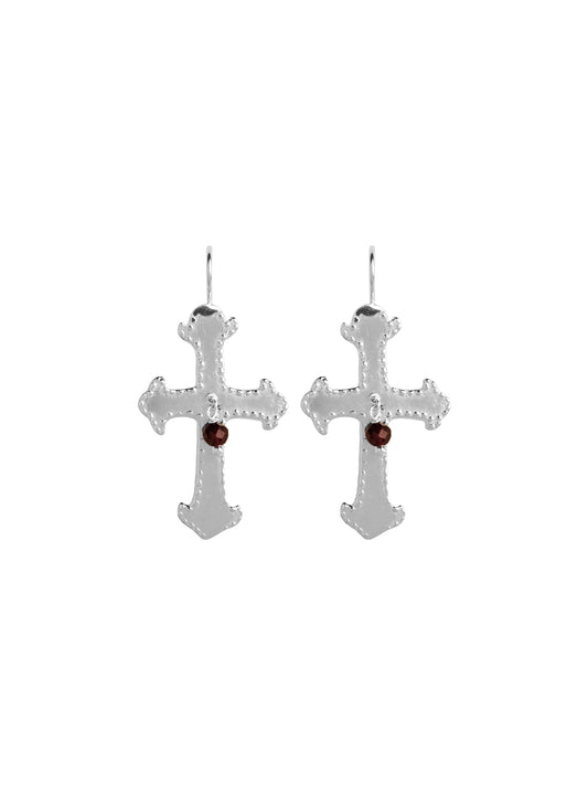 Medium Byzantine Cross Earrings with Garnet
