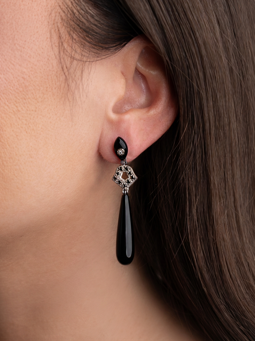 Italian Cocktail Earrings featuring Black Onyx and Black Tourmaline
