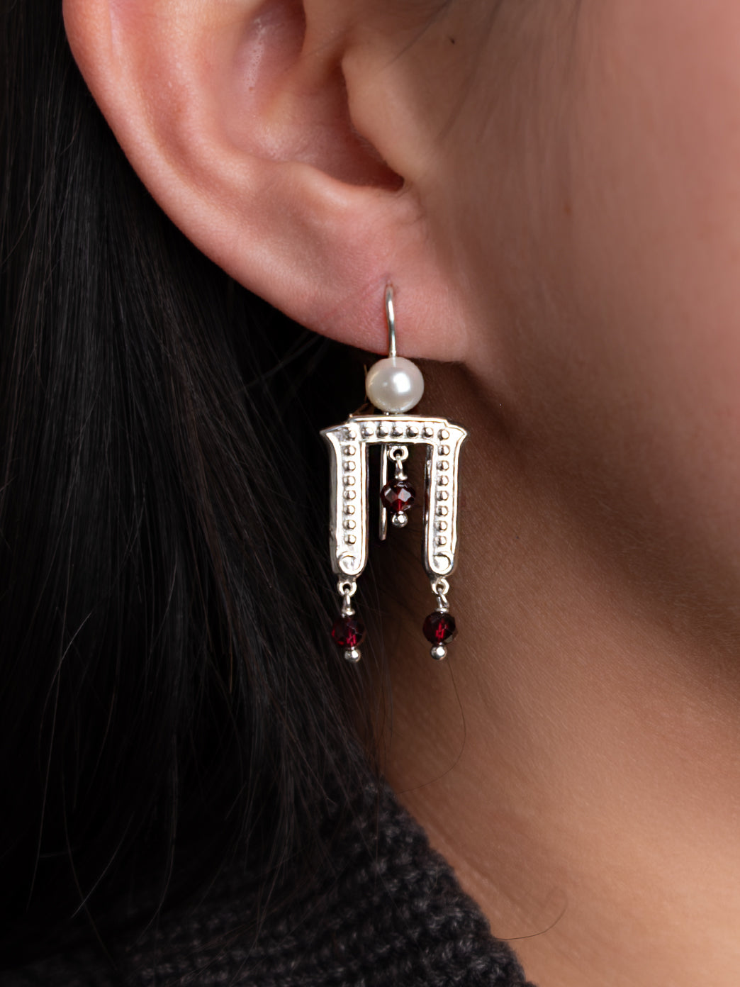 Pi Earrings with Garnet and Pearl