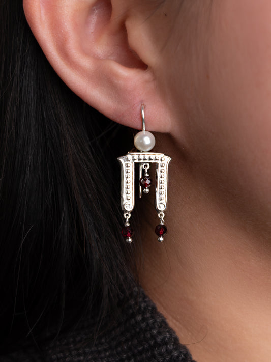 Pi Earrings with Garnet and Pearl