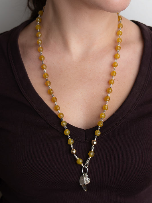Yellow Agate Necklace with St Christopher and Wing charms