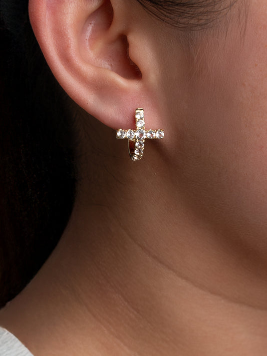 Fiorina Jewellery Gold Side Cross Earrings with White Topaz Model