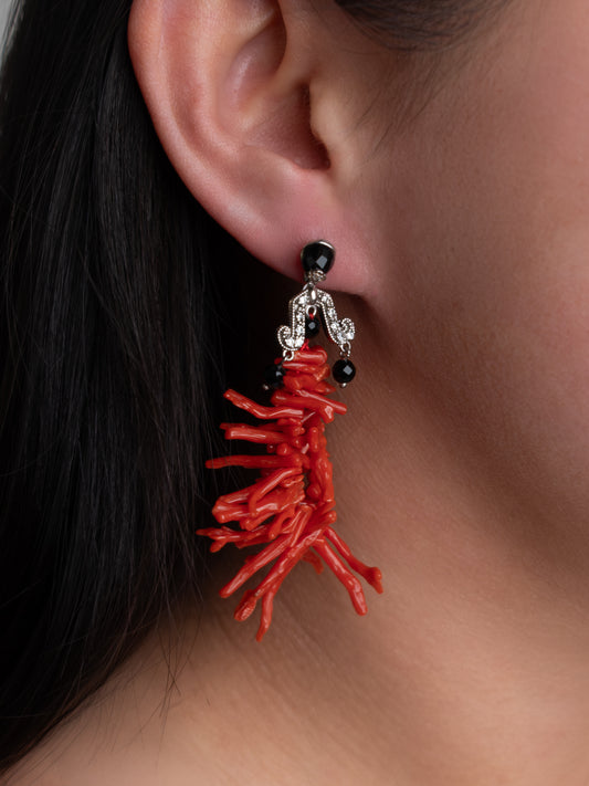 Italian Cocktail Earrings with Red Coral, Black Onyx and Cubic Zirconia