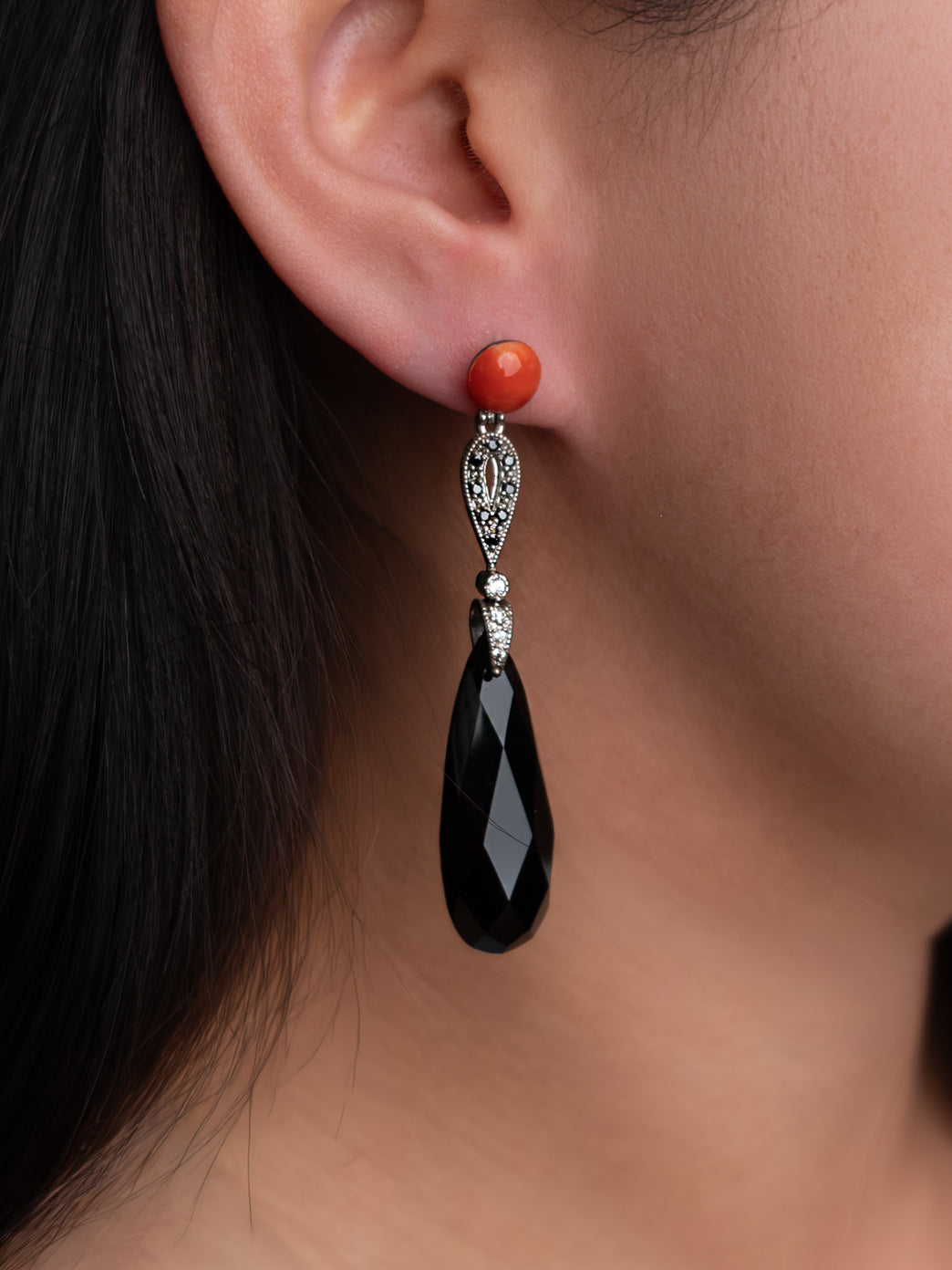 Italian Cocktail Earrings featuring Red Coral and Black Onyx