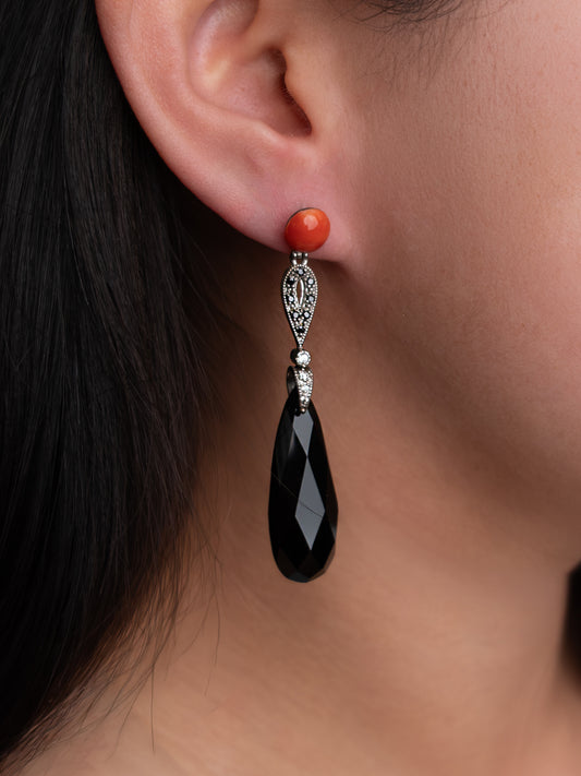 Italian Cocktail Earrings featuring Red Coral and Black Onyx
