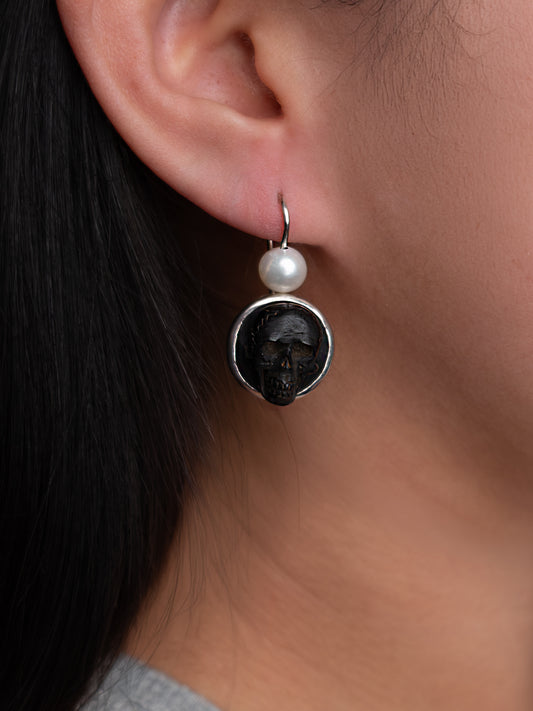 Jet Skull Earrings with Pearl