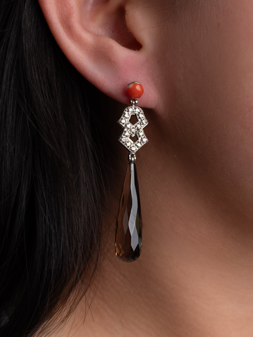 Italian Cocktail Earrings with Red Coral, Smokey Quartz and Cubic Zirconia