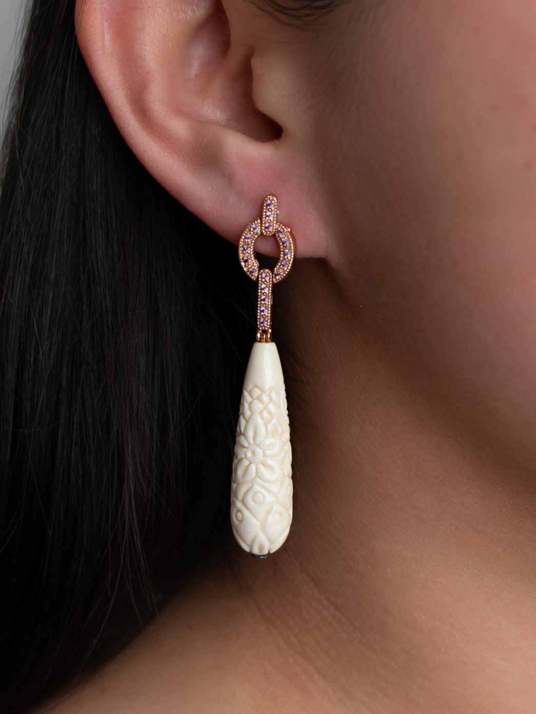 Italian Cocktail Earrings with Ivory Nut, Rose Quartz and Lavender Cubic Zirconia