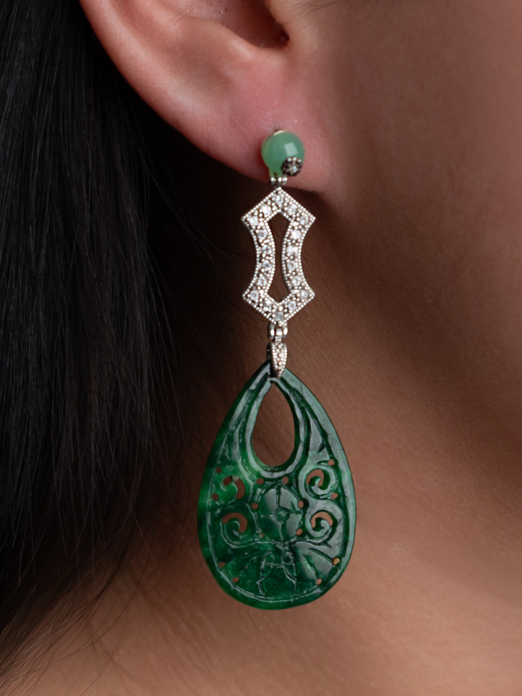 Italian Cocktail Earrings featuring Green Jade and Cubic Zirconia
