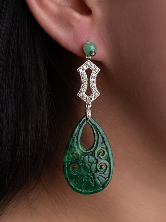 Italian Cocktail Earrings featuring Green Jade and Cubic Zirconia