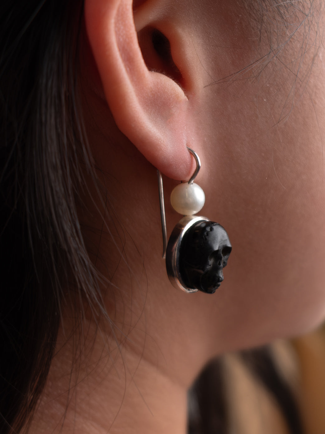 Jet Skull Earrings with Pearl