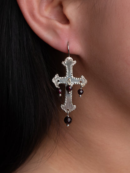 Medium Byzantine Cross Earrings with Garnet