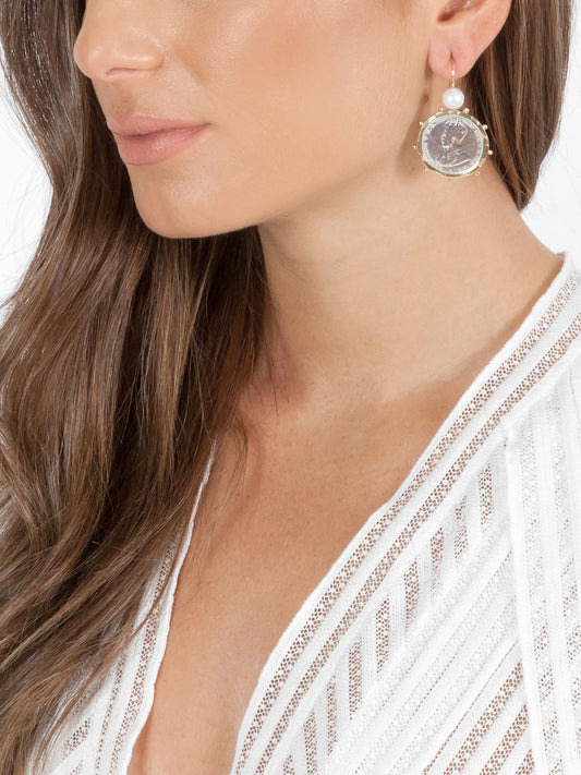 Fiorina Jewellery Gold Encased Shilling Coin Earrings Pearl Highlights Model