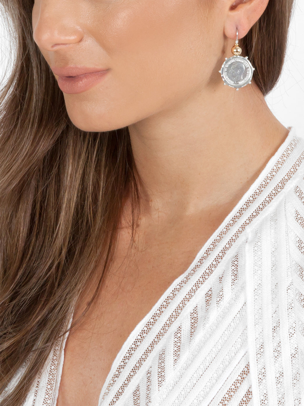 Fiorina Jewellery Silver Encased 3P Coin Earrings Gold Highlights Model