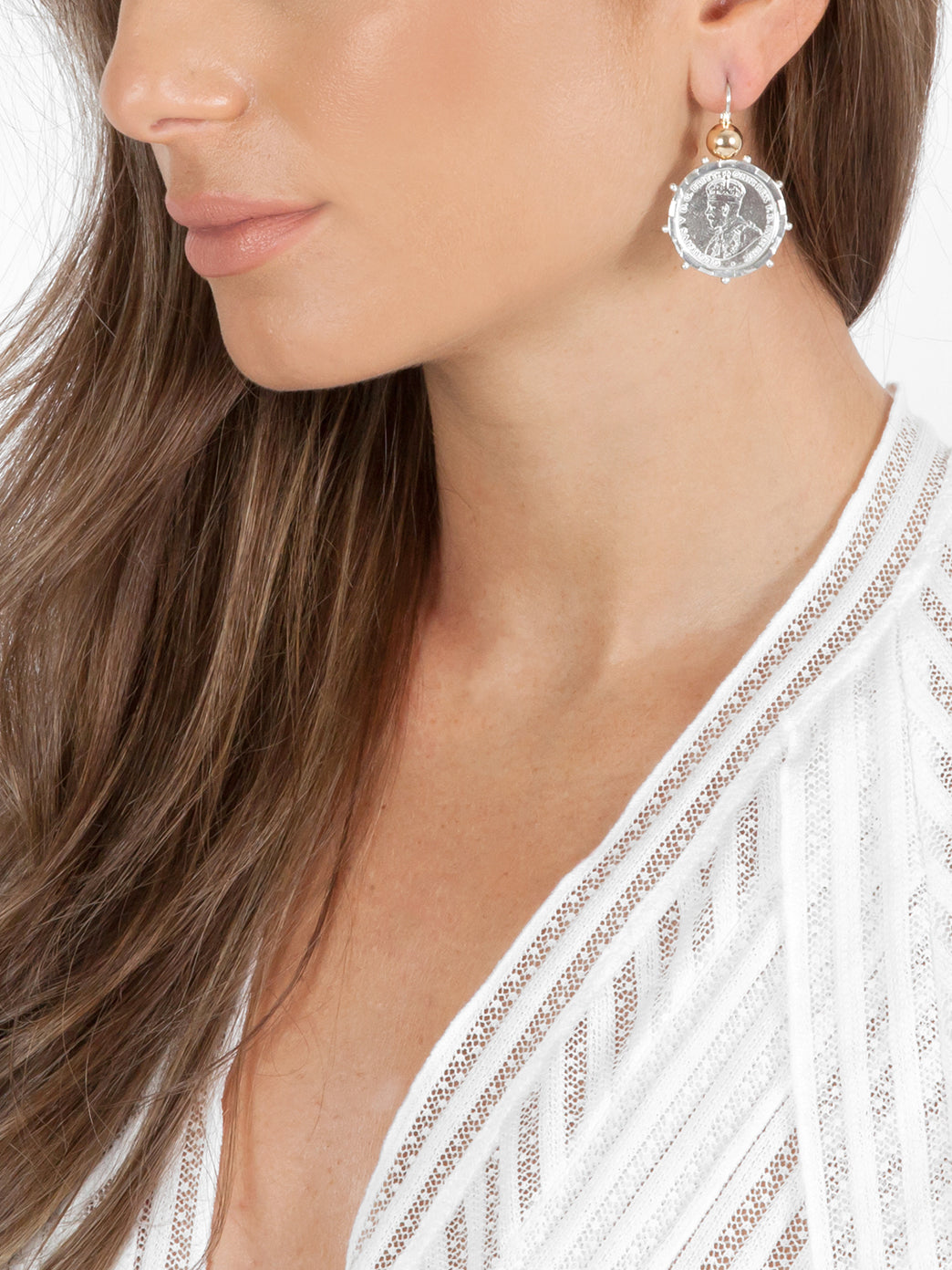 Fiorina Jewellery Silver Encased Shilling Coin Earrings Gold Highlights Model