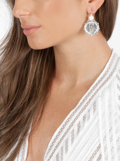Fiorina Jewellery Silver Encased Shilling Coin Earrings Pearl Highlights